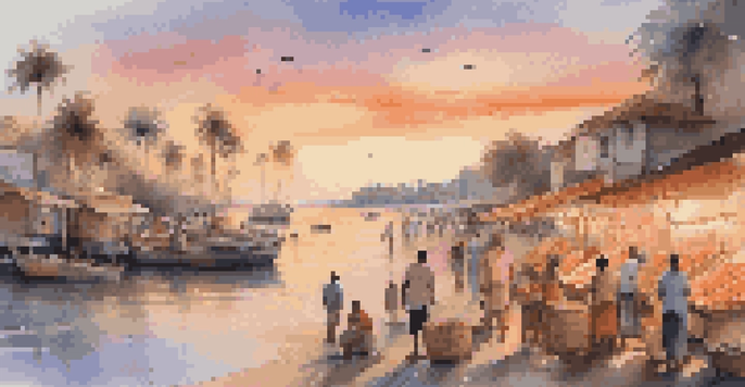 A vibrant coastal town during sunset with a local market, colorful stalls, and families enjoying meals, all under a sky of orange and pink hues.