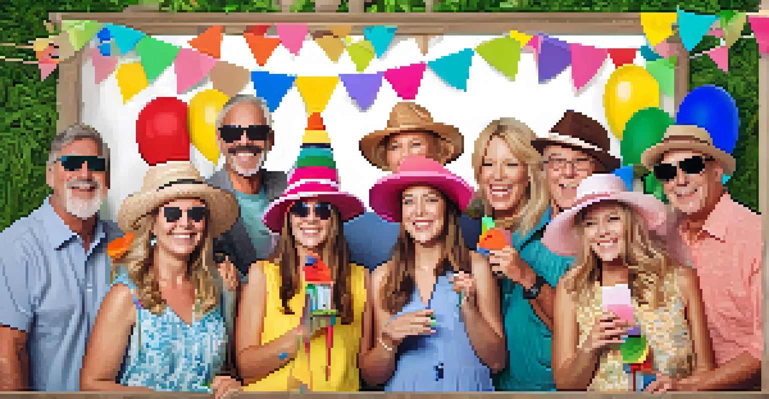 A festive outdoor photo booth with family members posing with props at a reunion.