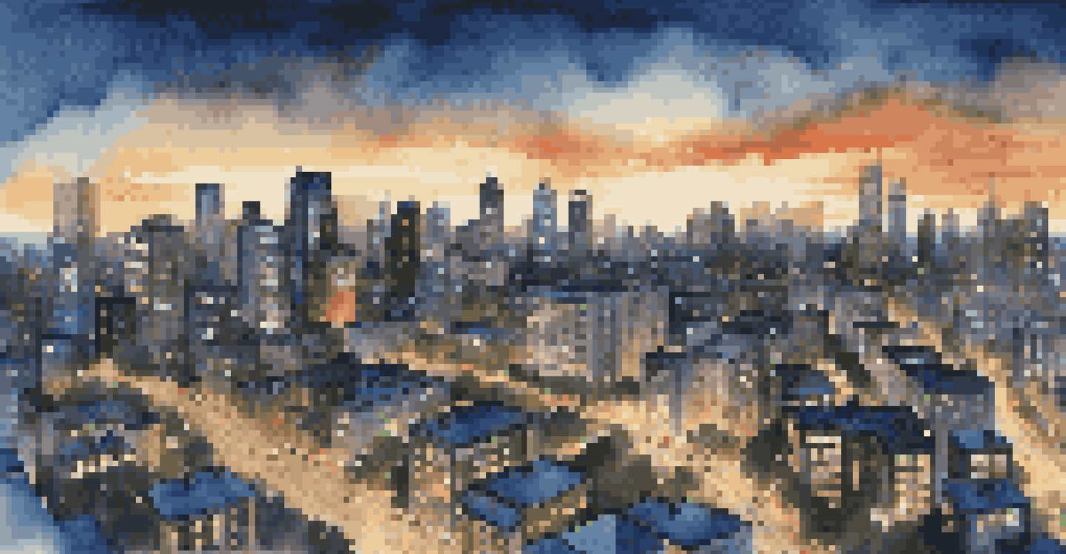Aerial view of a city skyline at twilight, with vibrant lights and urban architecture.