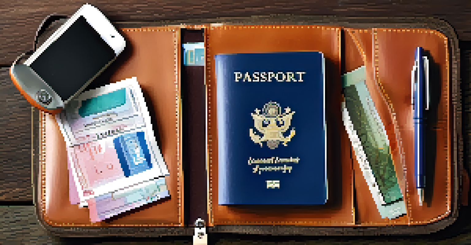 Essential travel documents organized in a wallet, including a passport and cruise tickets, placed on a wooden table.