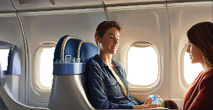 A passenger seated by the window of an airplane, looking relaxed while wearing comfortable clothing and using a neck pillow.