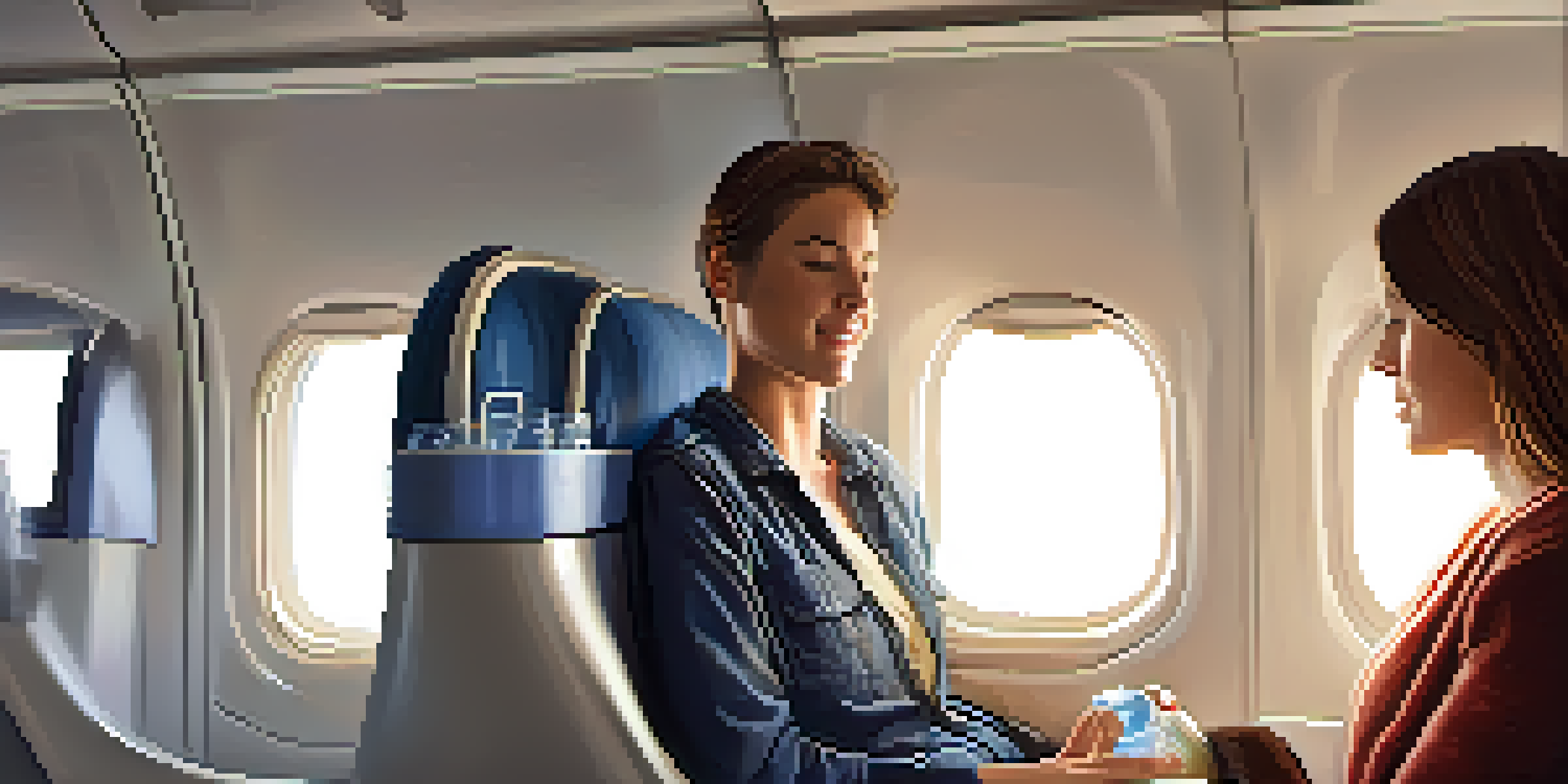 A passenger seated by the window of an airplane, looking relaxed while wearing comfortable clothing and using a neck pillow.