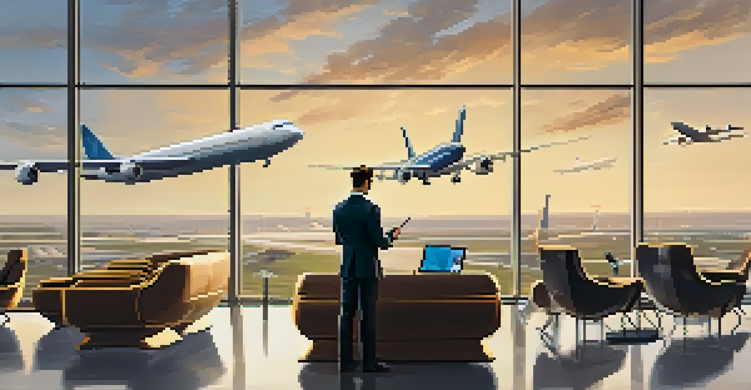 A business traveler in an airport lounge having a video call, with stylish furniture and planes visible through large windows.