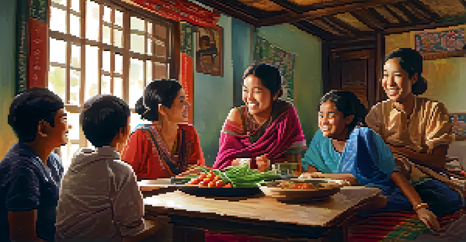 Students sharing a meal with a local family in a cozy home, surrounded by traditional decorations.