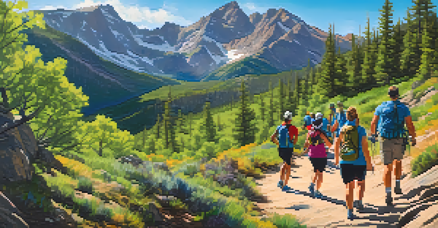 A group of hikers in colorful workout gear enjoying a mountain hike in Colorado, surrounded by greenery and rocky peaks under a clear blue sky.