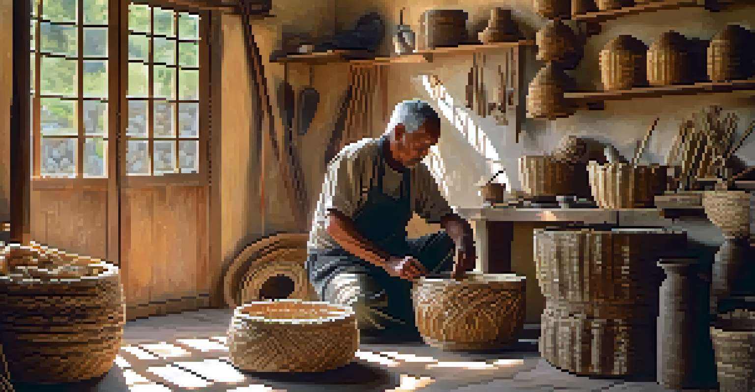 An artisan weaving a traditional basket in a sunny workshop, with a focus on their hands and materials, showcasing intricate weaving techniques.