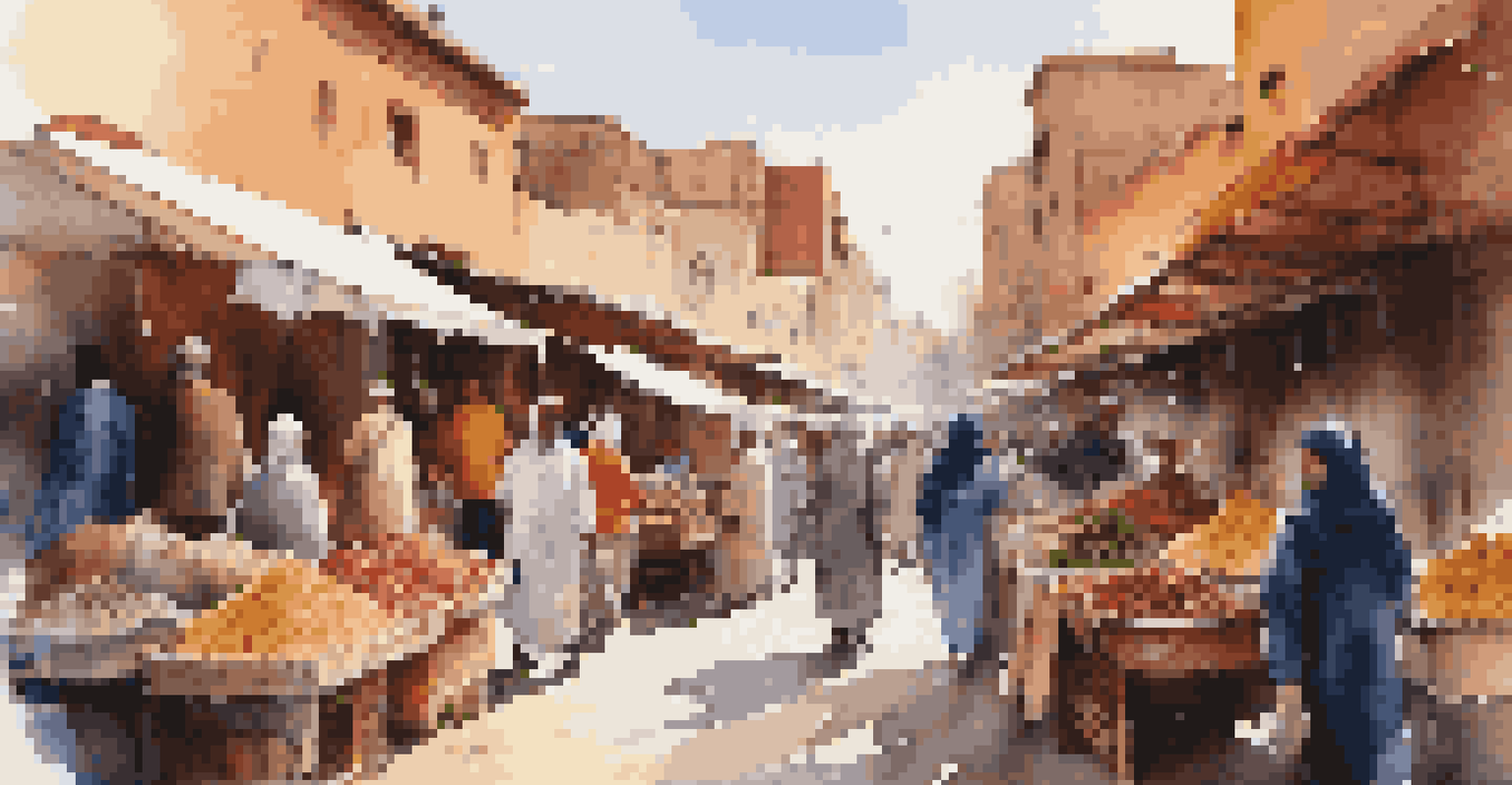 A lively marketplace in Marrakech with people trading, colorful textiles, and vibrant cultural elements under bright sunlight.