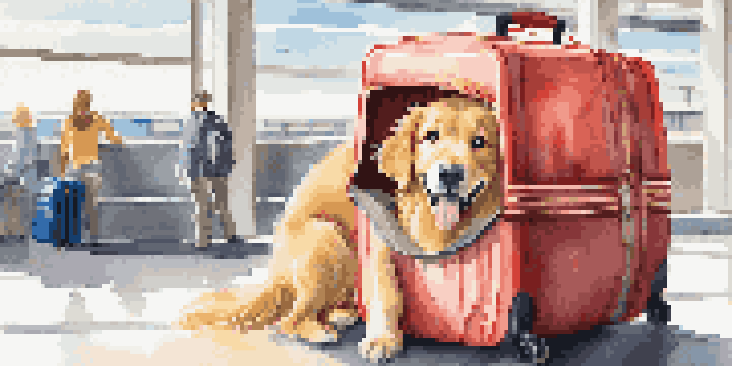A golden retriever looking out of a travel carrier in an airport, surrounded by luggage and bright sunlight.