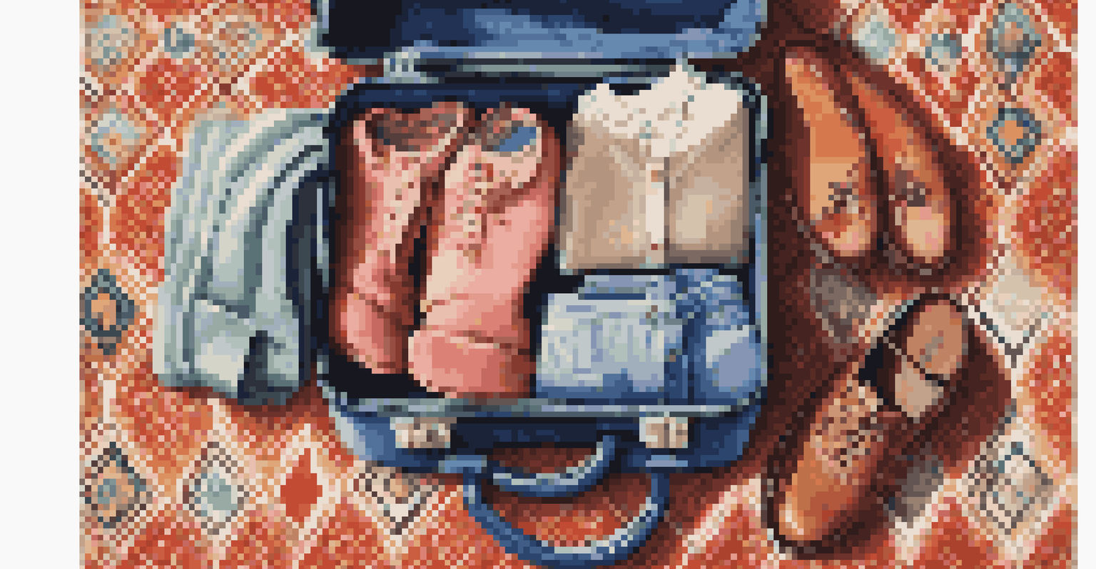 An open suitcase filled with neatly folded clothing and a pair of shoes on a colorful rug, bathed in bright natural light.