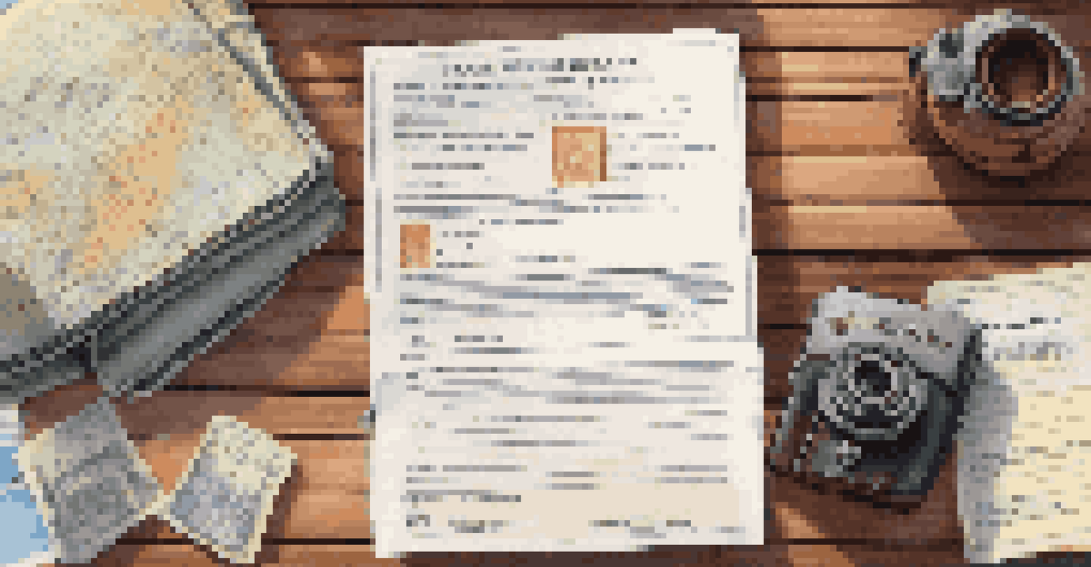A close-up of a travel insurance policy document with a passport, camera, and travel journal on a wooden table.