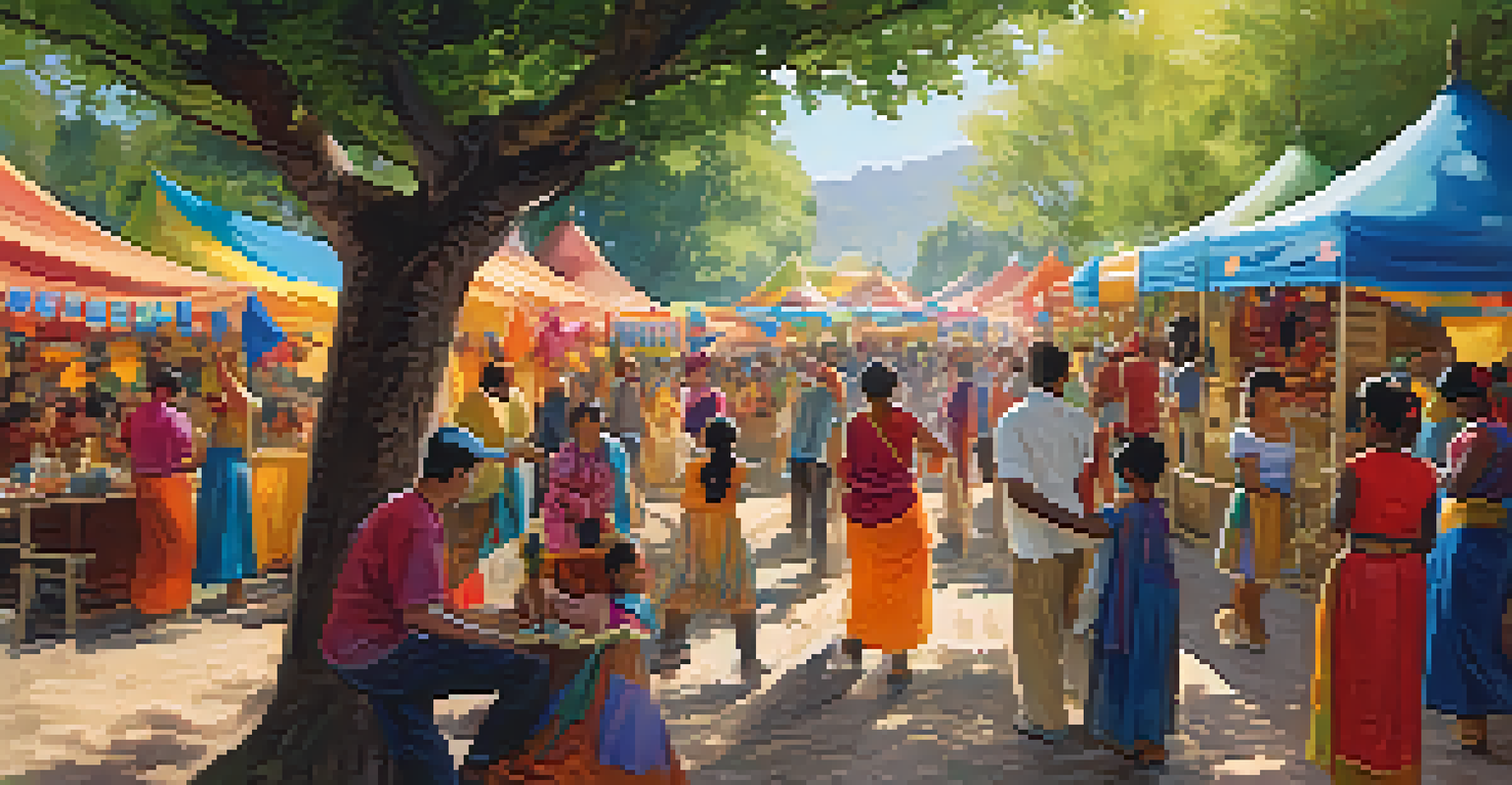 A lively festival scene with diverse people enjoying food and dance, surrounded by colorful decorations and warm sunlight.