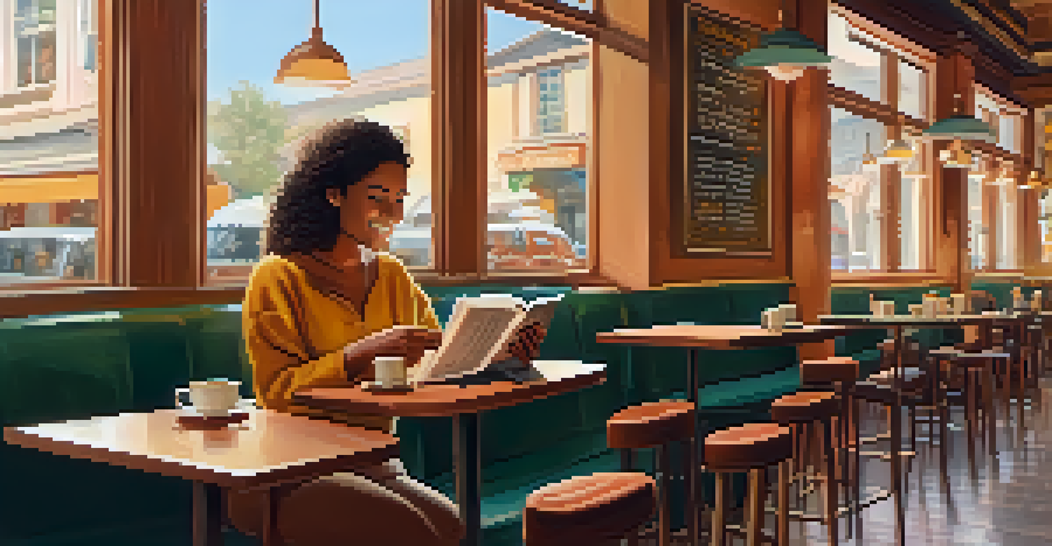 A traveler sitting in a café, enjoying a drink and reading a book in a cozy setting.