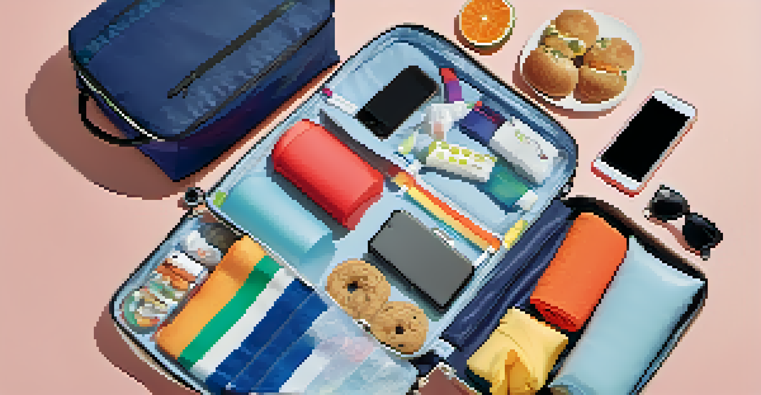 An open travel organizer bag displaying a portable charger, snacks, an eye mask, and compression socks, all arranged neatly.