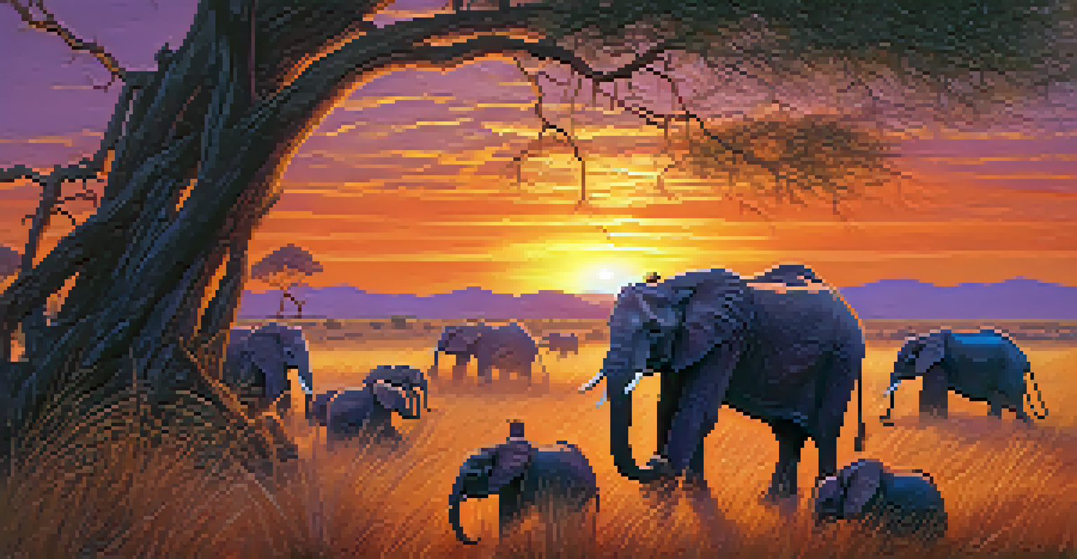 A wildlife photographer capturing elephants at a watering hole during sunset, surrounded by tall grass.