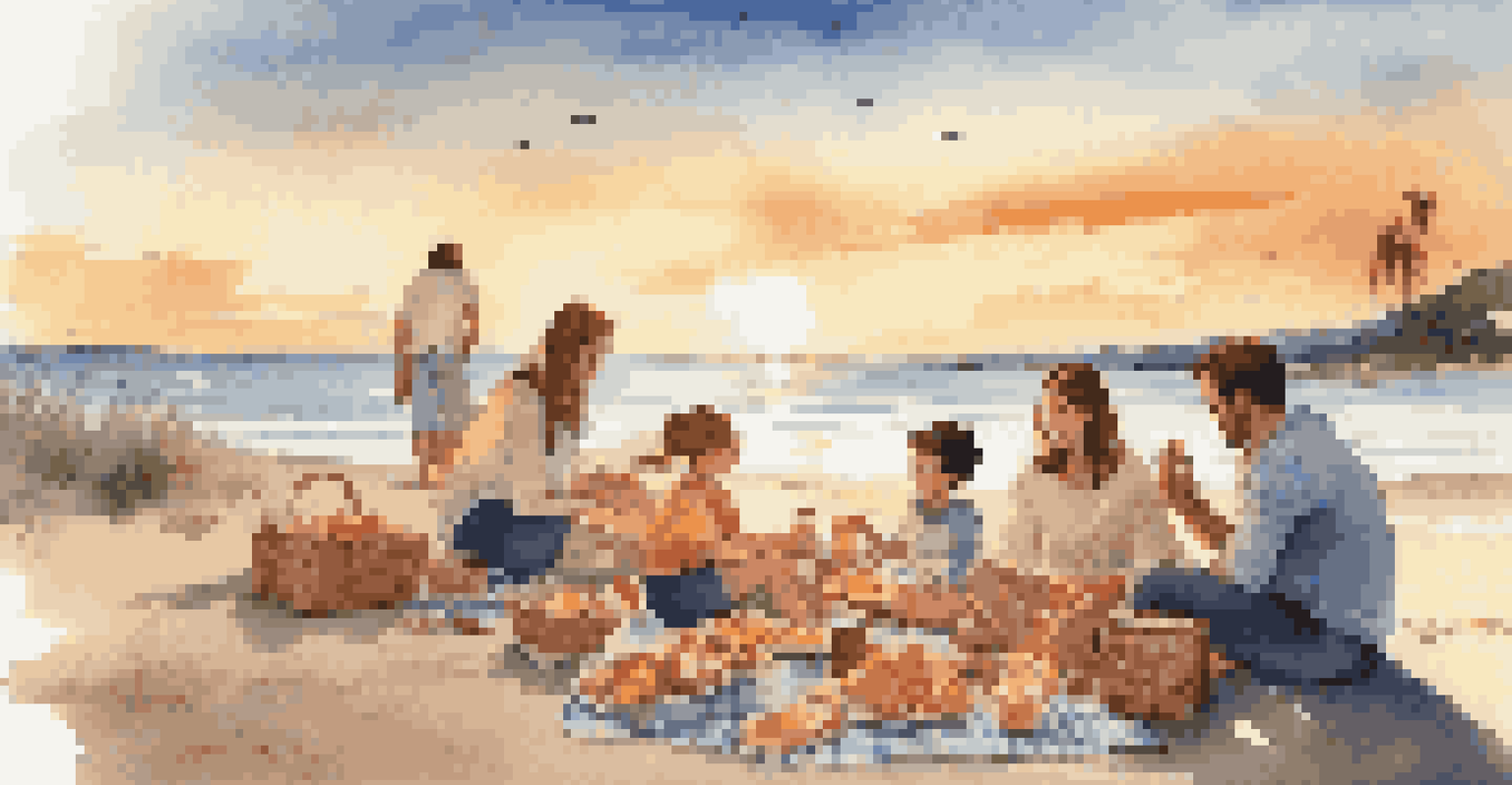 A family having a picnic on the beach at sunset, enjoying snacks and drinks together.