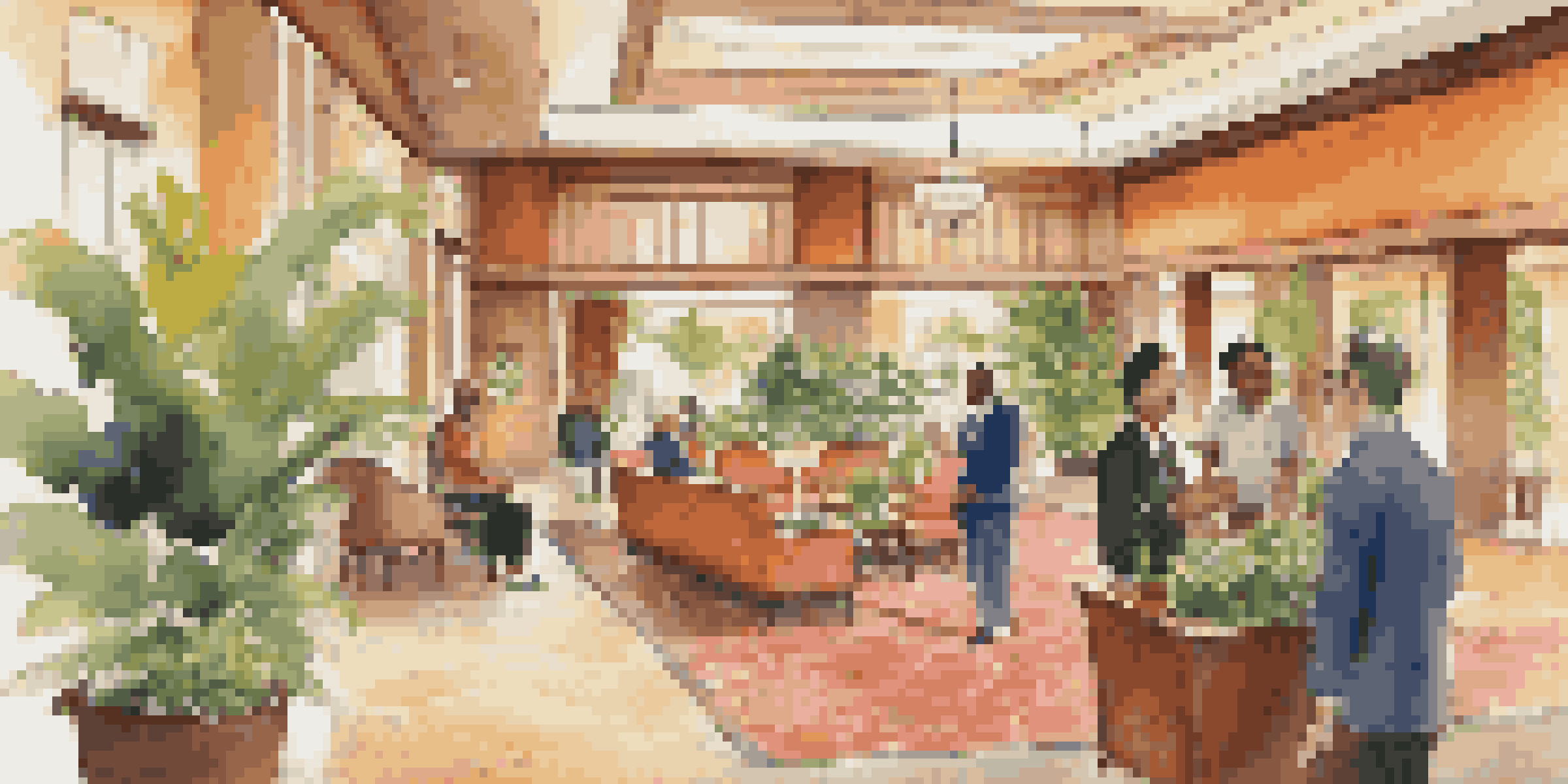 A hotel lobby where multilingual staff greet diverse guests, filled with natural light and vibrant decorations.