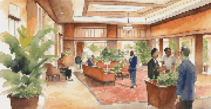 A hotel lobby where multilingual staff greet diverse guests, filled with natural light and vibrant decorations.