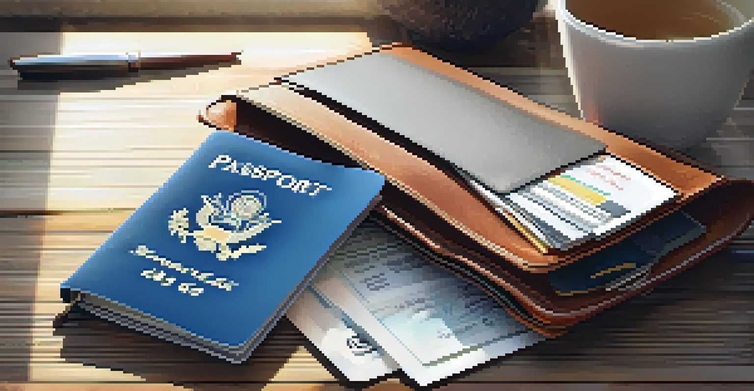 A close-up of a travel wallet organized with a passport and boarding pass on a wooden table, illuminated by soft morning light.