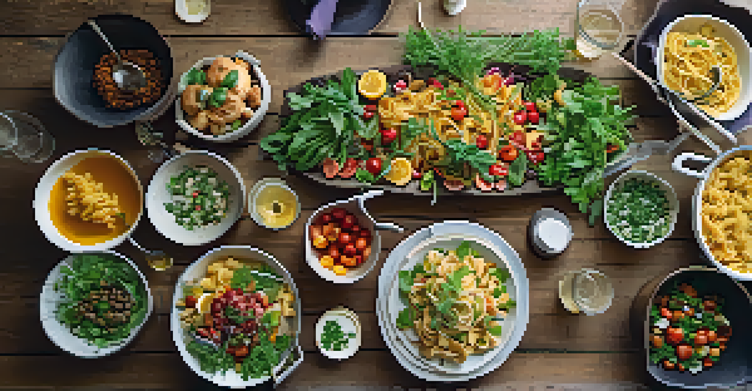 An overhead view of a communal dining table filled with colorful dishes prepared during a culinary workshop.
