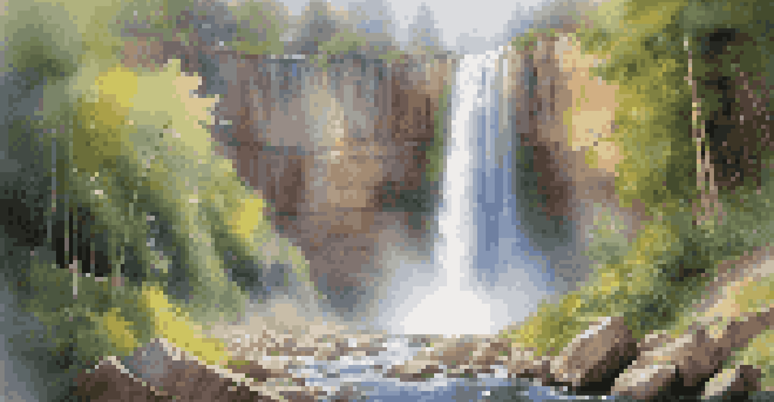 A majestic waterfall flowing down rocky cliffs, surrounded by greenery, with mist creating rainbows in the sunlight.