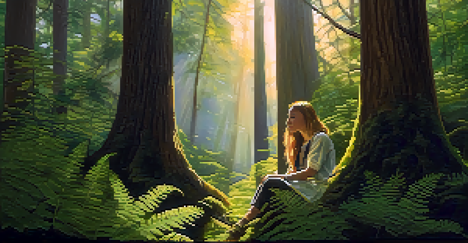 A person practicing forest bathing in a serene green forest, sitting on moss with sunlight filtering through the trees.