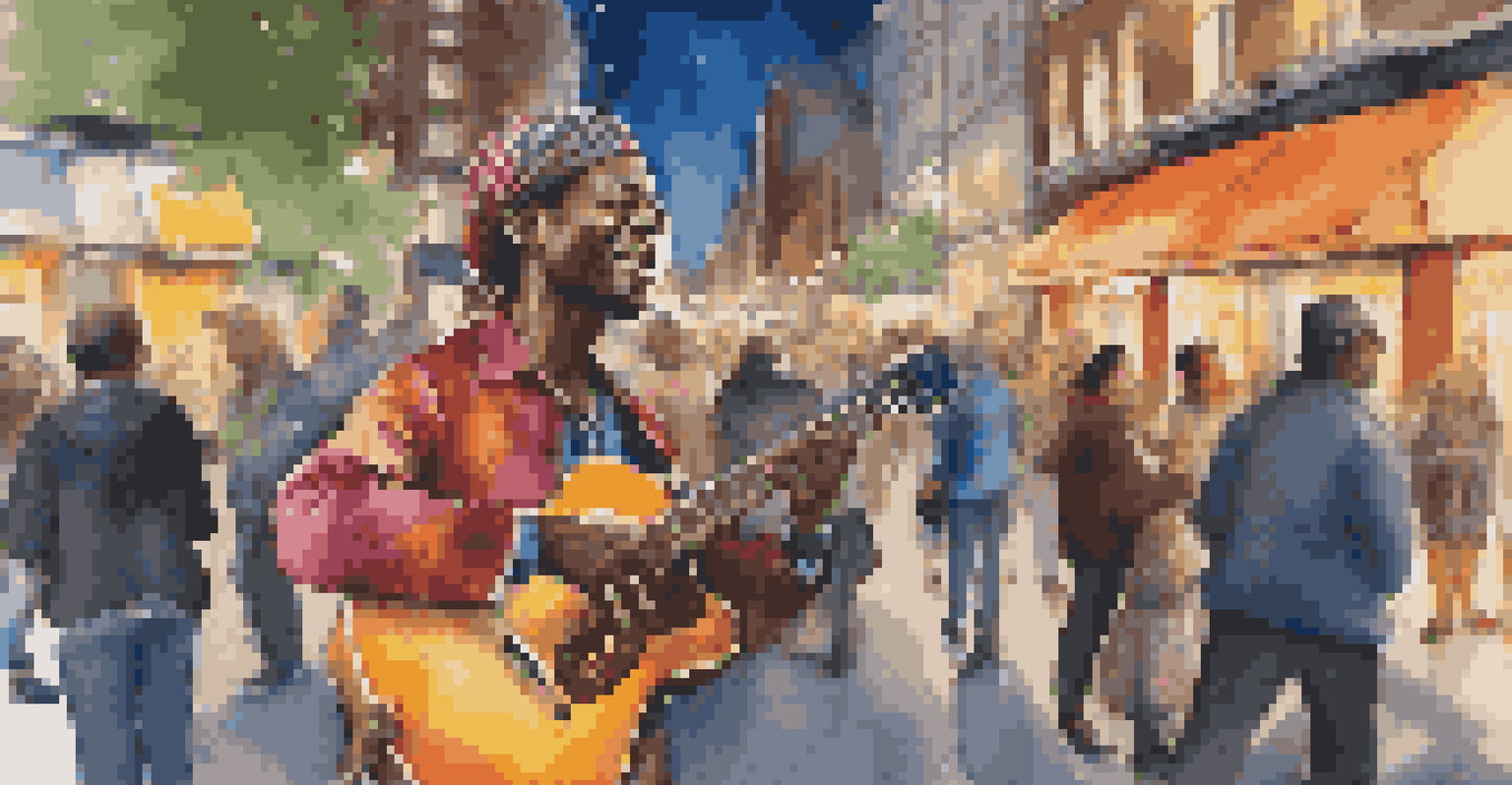 A street musician playing guitar on a busy sidewalk with a small crowd gathered, city lights blurred in the background.