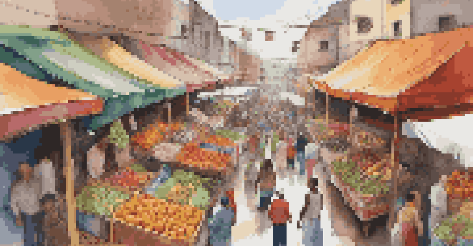 An overhead view of a vibrant outdoor market with colorful stalls and diverse shoppers.