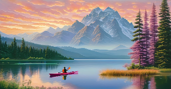 A tranquil lake at sunset with a kayak and mountains in the background.