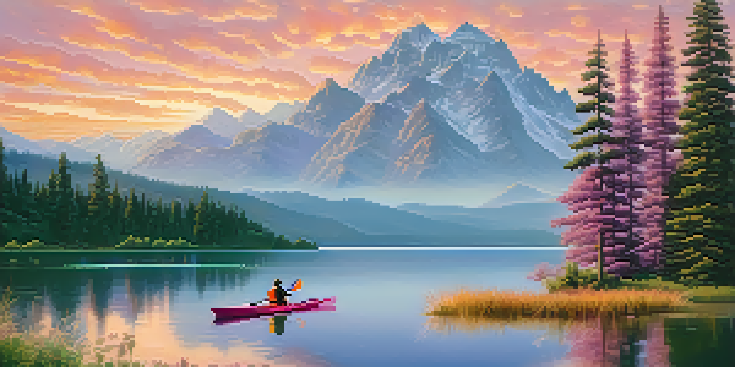 A tranquil lake at sunset with a kayak and mountains in the background.