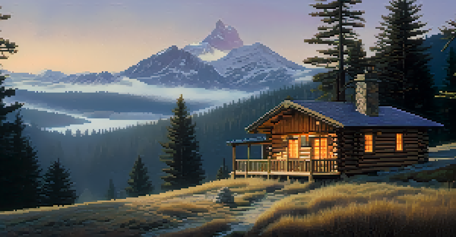 A beautiful mountain landscape with a cabin, mist, and soft dawn light.