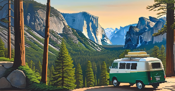 A picturesque sunrise view of Yosemite National Park with a van parked near the cliffs and a coffee cup on a table.