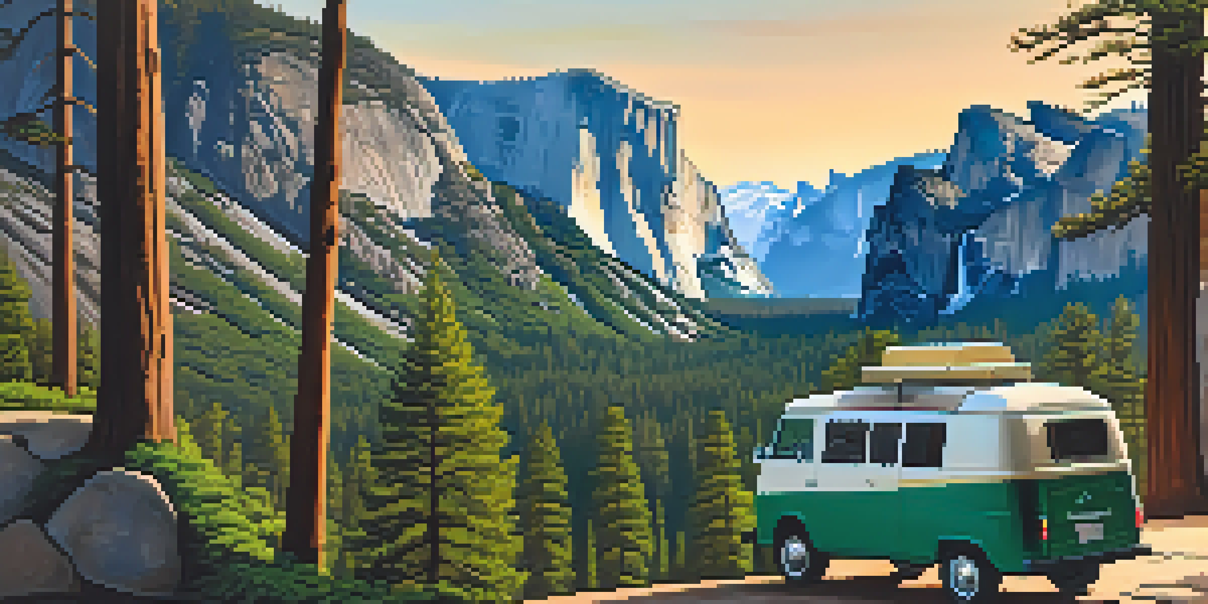 A picturesque sunrise view of Yosemite National Park with a van parked near the cliffs and a coffee cup on a table.