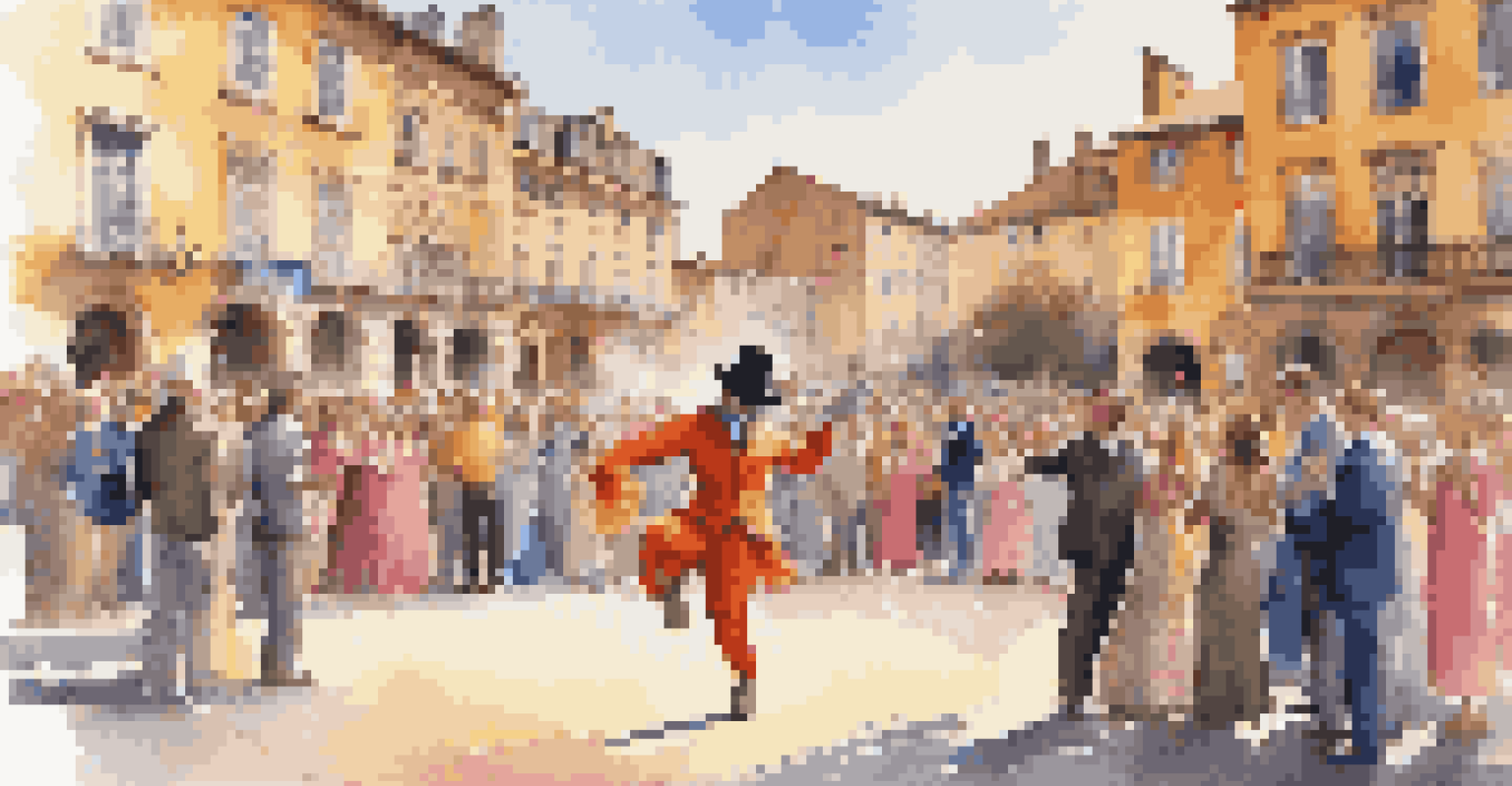 A street performer entertaining an audience in a historic city square with colorful costumes under afternoon sunlight.