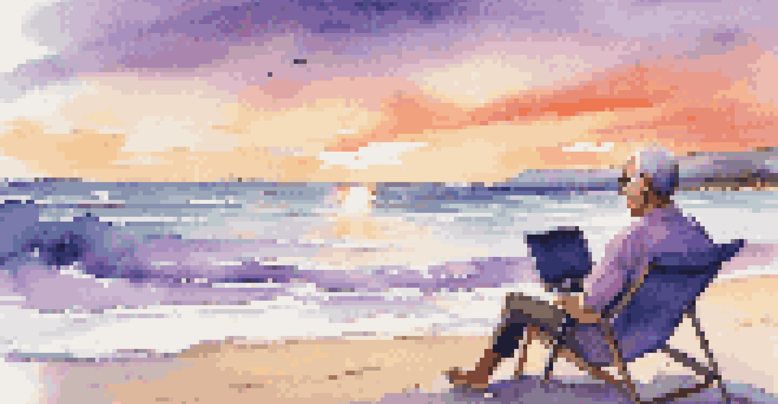 A middle-aged man working on his laptop while sitting on a beach chair at sunset, with waves in the background.