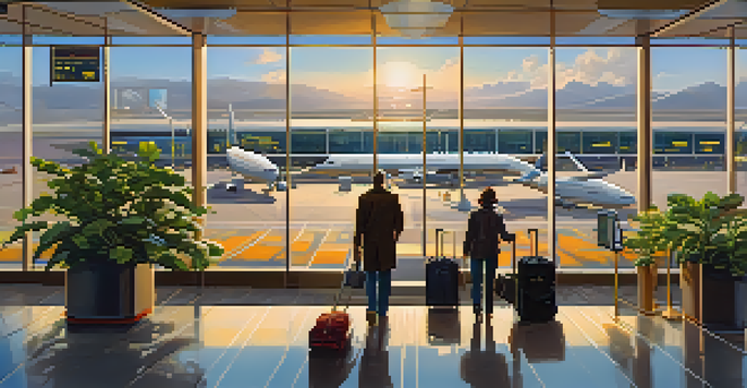 A bright airport terminal at sunrise with masked travelers and colorful luggage, creating a calm and safe atmosphere.