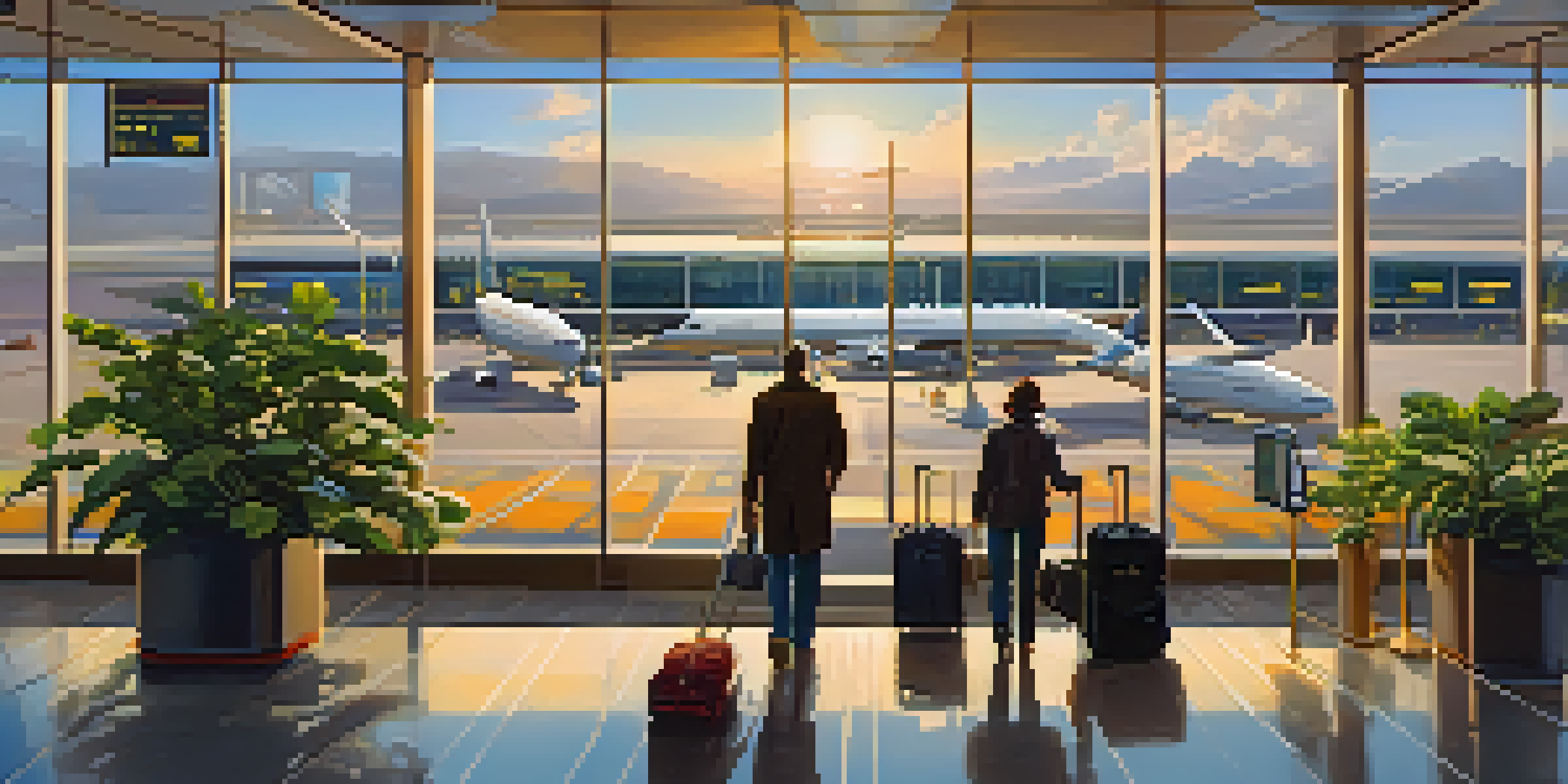 A bright airport terminal at sunrise with masked travelers and colorful luggage, creating a calm and safe atmosphere.