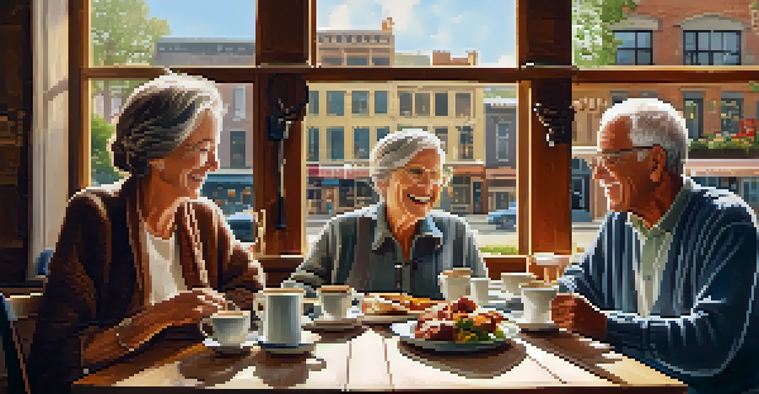 Seniors having lunch in a cozy café, enjoying food and conversation with warm surroundings.