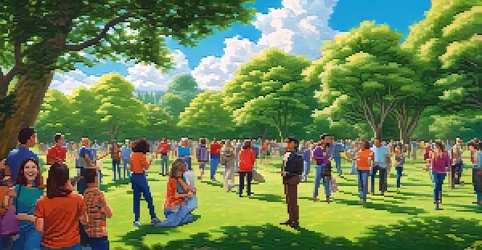 A diverse group of individuals participating in a scavenger hunt in a park, working together to solve clues amidst greenery and colorful decorations.