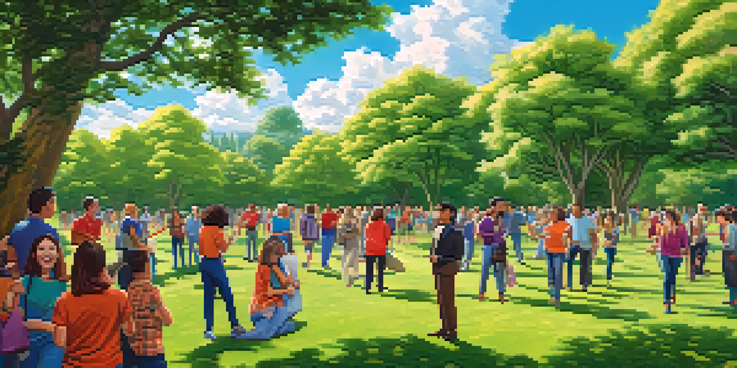 A diverse group of individuals participating in a scavenger hunt in a park, working together to solve clues amidst greenery and colorful decorations.