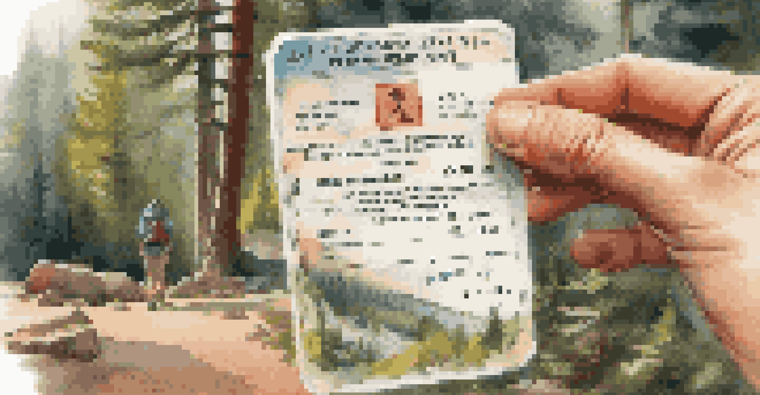 A hiker's hand holding a camping permit with a blurred campsite in the background, illuminated by sunlight.