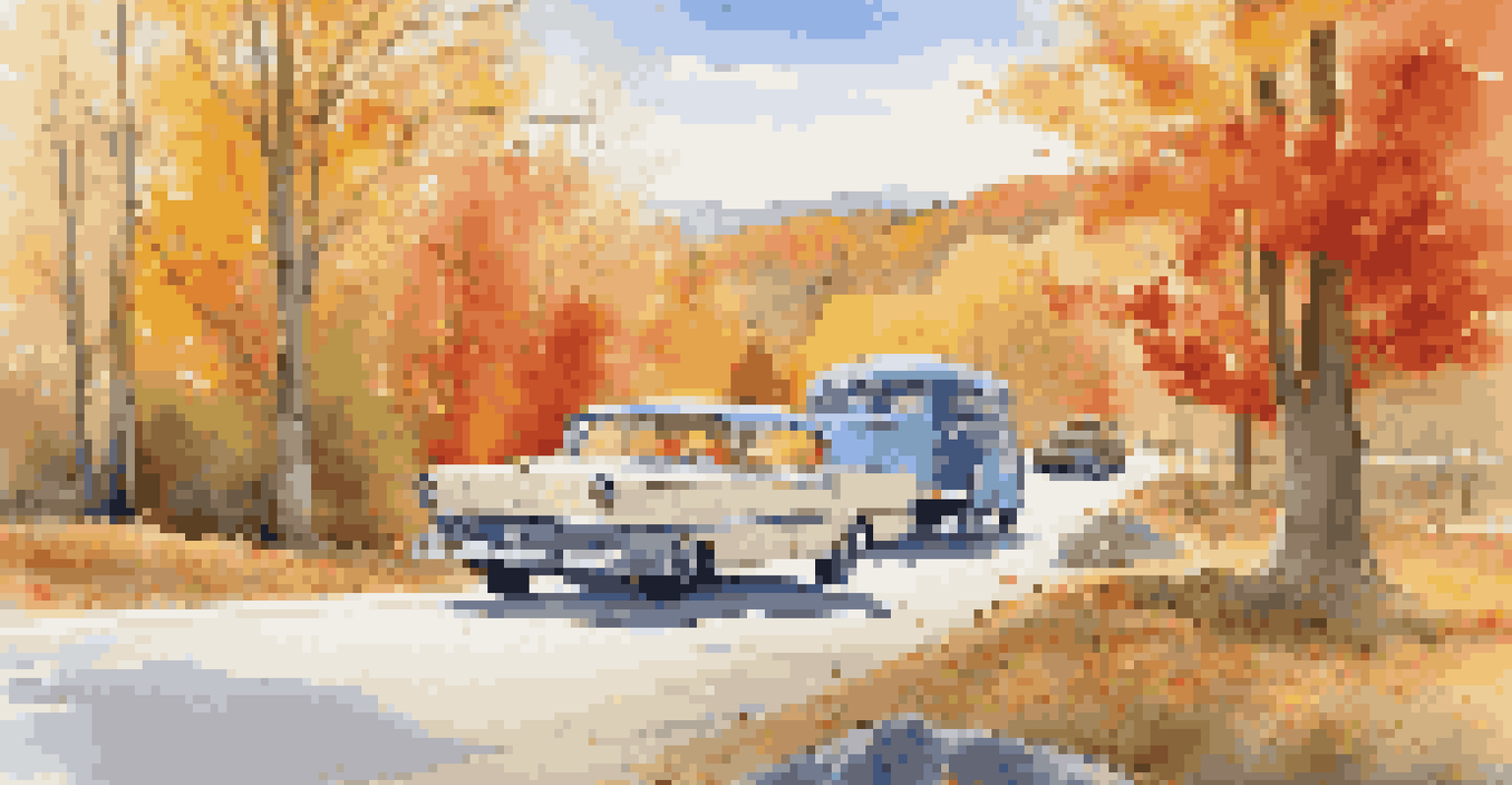 A scenic roadside view with a winding road and autumn trees, featuring a parked classic car with picnic supplies, under a bright blue sky.
