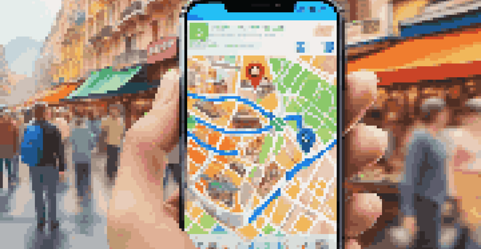 Close-up of a smartphone displaying a travel app with a colorful map and highlighted routes, with a street market in the background.
