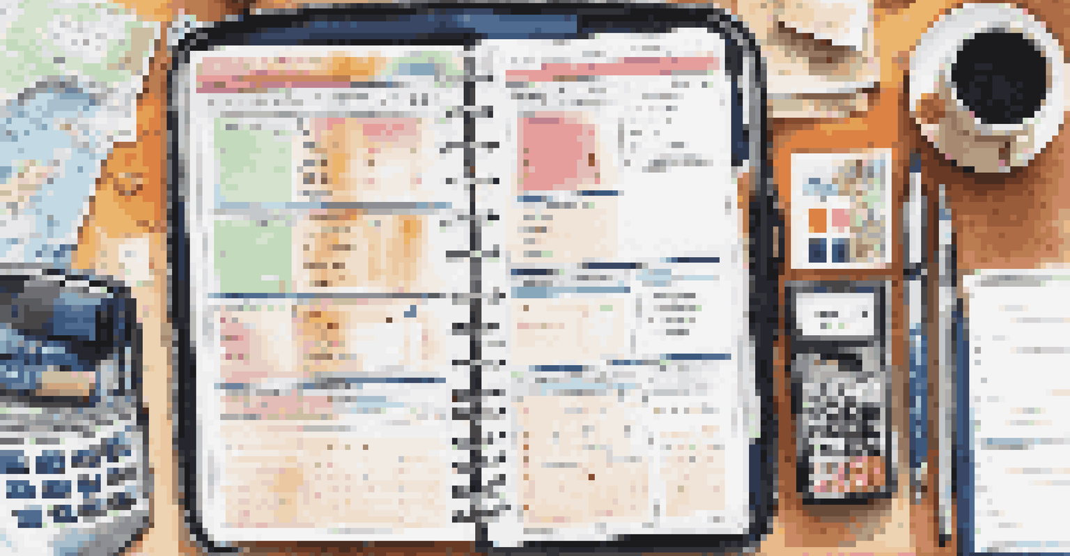 An organized travel planner with a budget page, calculator, pens, and postcards arranged around it in a bright setting.