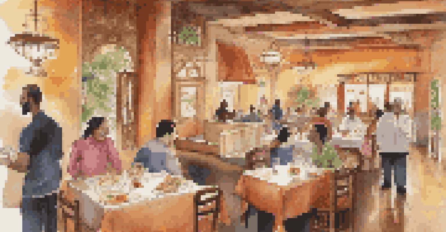 A multicultural dining setting with staff serving diverse guests, elegantly set table with various cuisines.