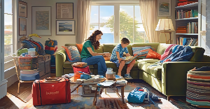 A family is preparing for a road trip, with colorful bags and clothes in a bright living room, sunlight streaming in.