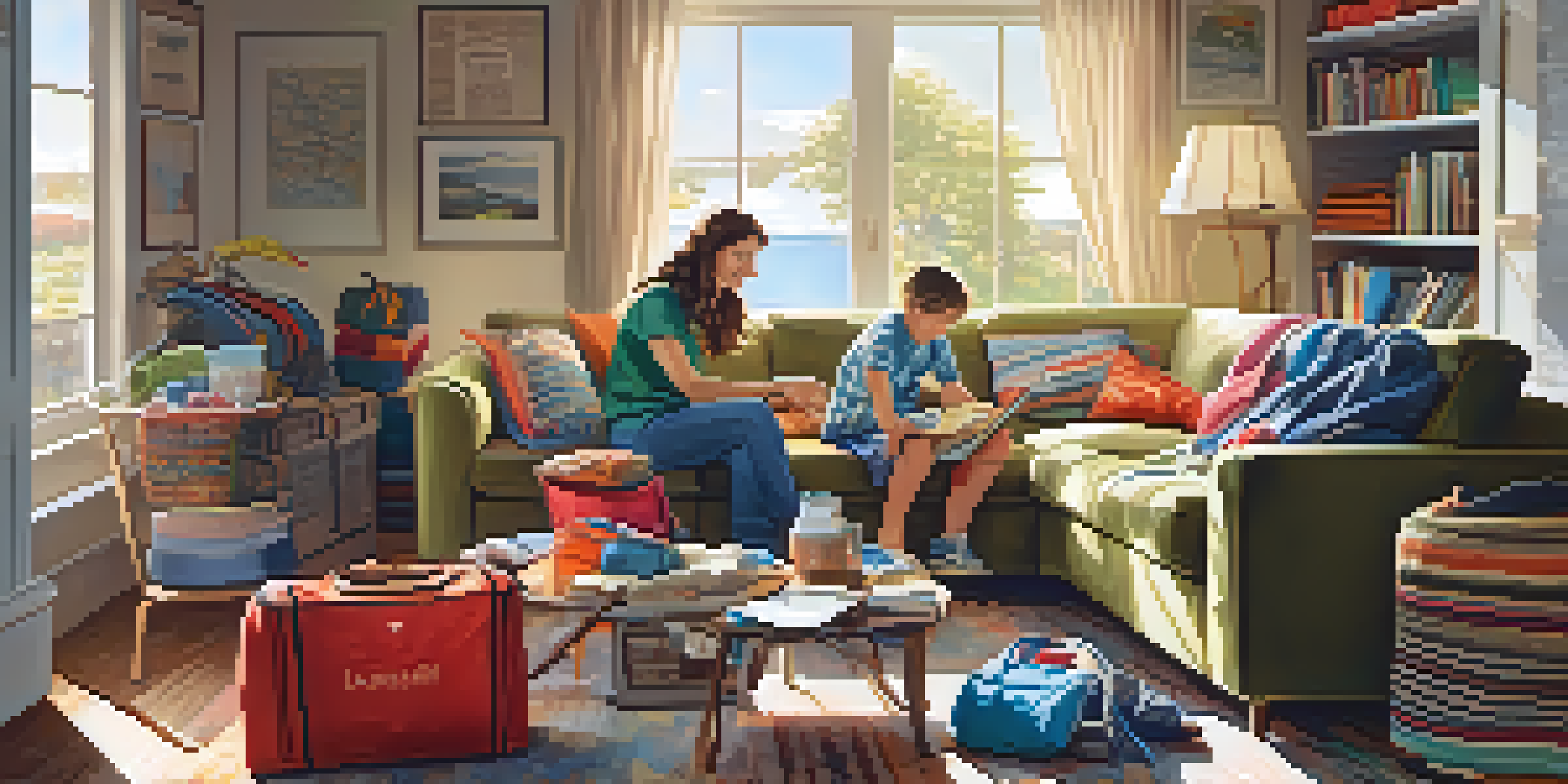 A family is preparing for a road trip, with colorful bags and clothes in a bright living room, sunlight streaming in.