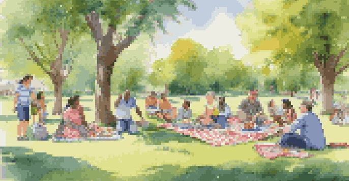 A lively family reunion in a sunny park, featuring diverse family members enjoying outdoor activities together.