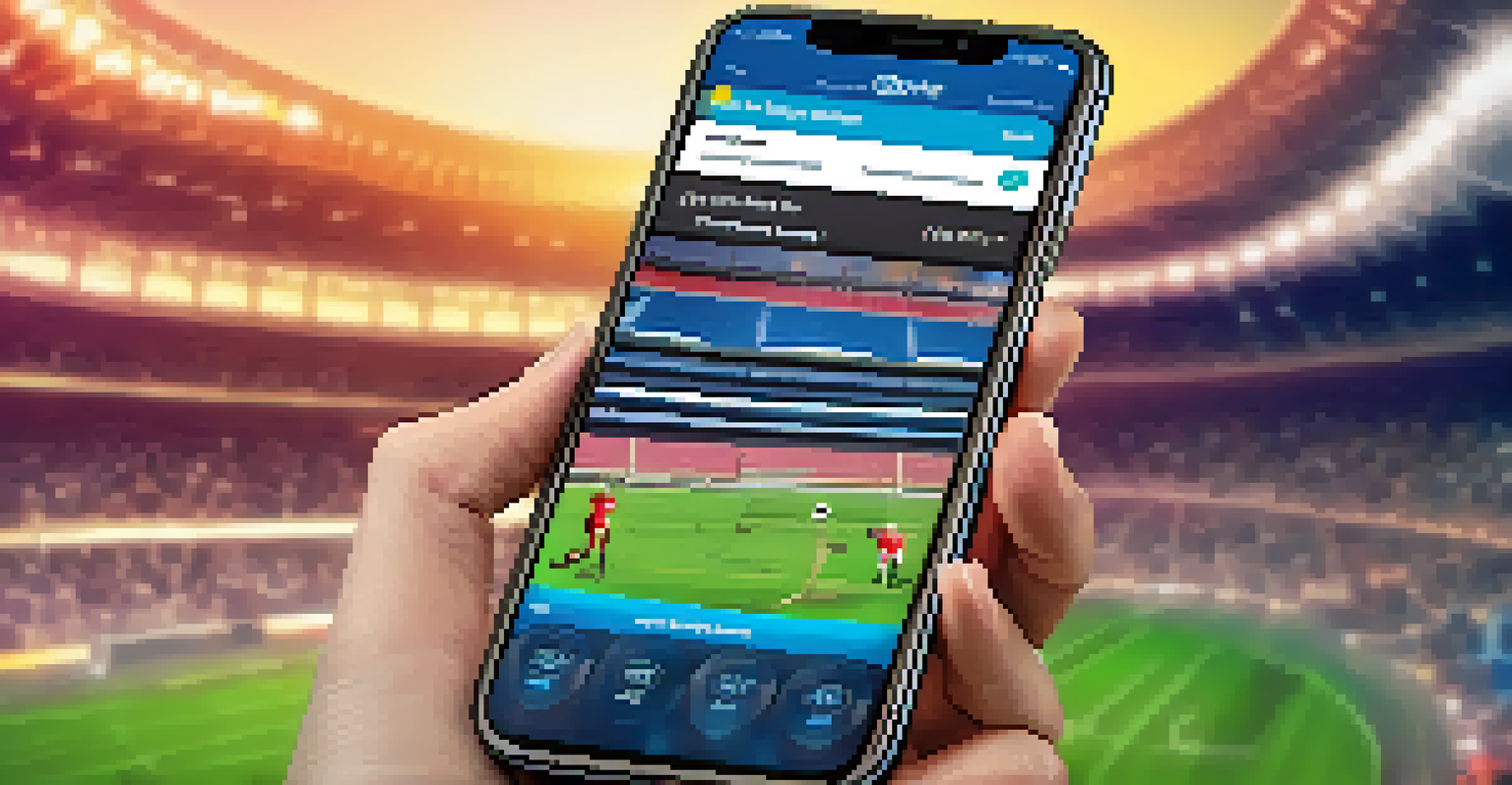 A close-up of a smartphone screen showing a sports travel planning app, with a blurred stadium view in the background.