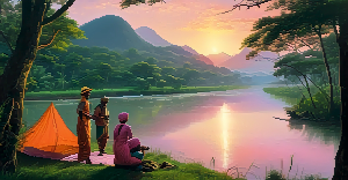 A family of travelers in protective clothing enjoying a scenic landscape with a river and sunset, alongside a mosquito net.