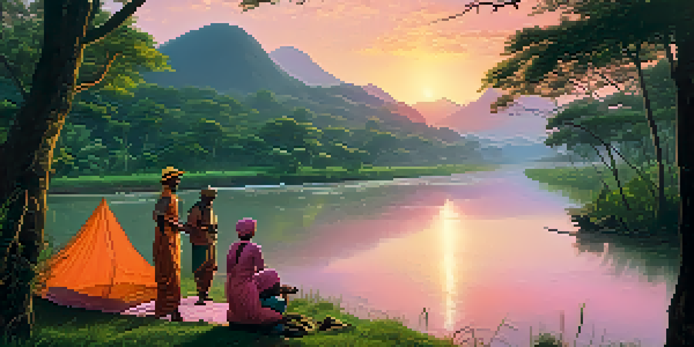 A family of travelers in protective clothing enjoying a scenic landscape with a river and sunset, alongside a mosquito net.